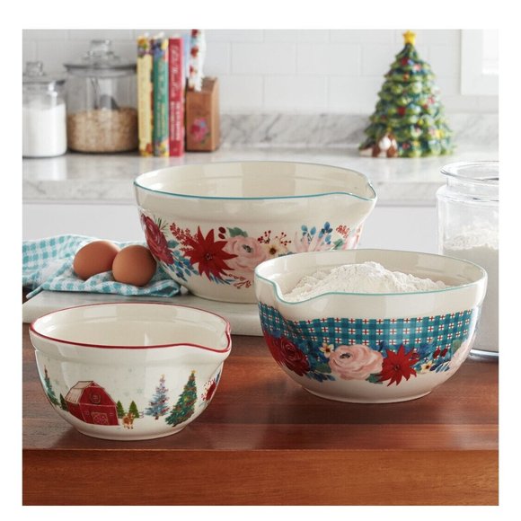 The Pioneer Woman Christmas Wishful Winter 3 Piece Ceramic Mixing Bowl Set NEW - Picture 1 of 10